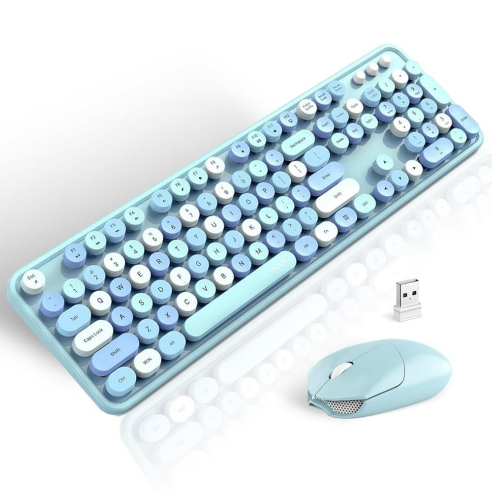 Wireless Blue and White Keyboard and Mouse Set